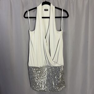 Frederick's  Halter Deep V-Neck Silver Sequin Hem Mini Dress Women's Size XL Vtg